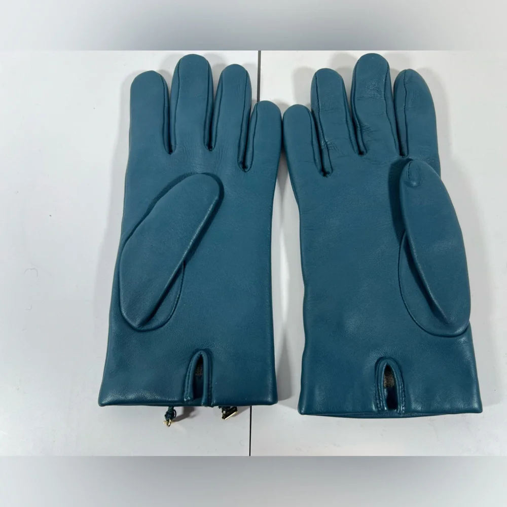 5030: Coach Teal Blue Leather Cashmere-Lined Gloves Size 7